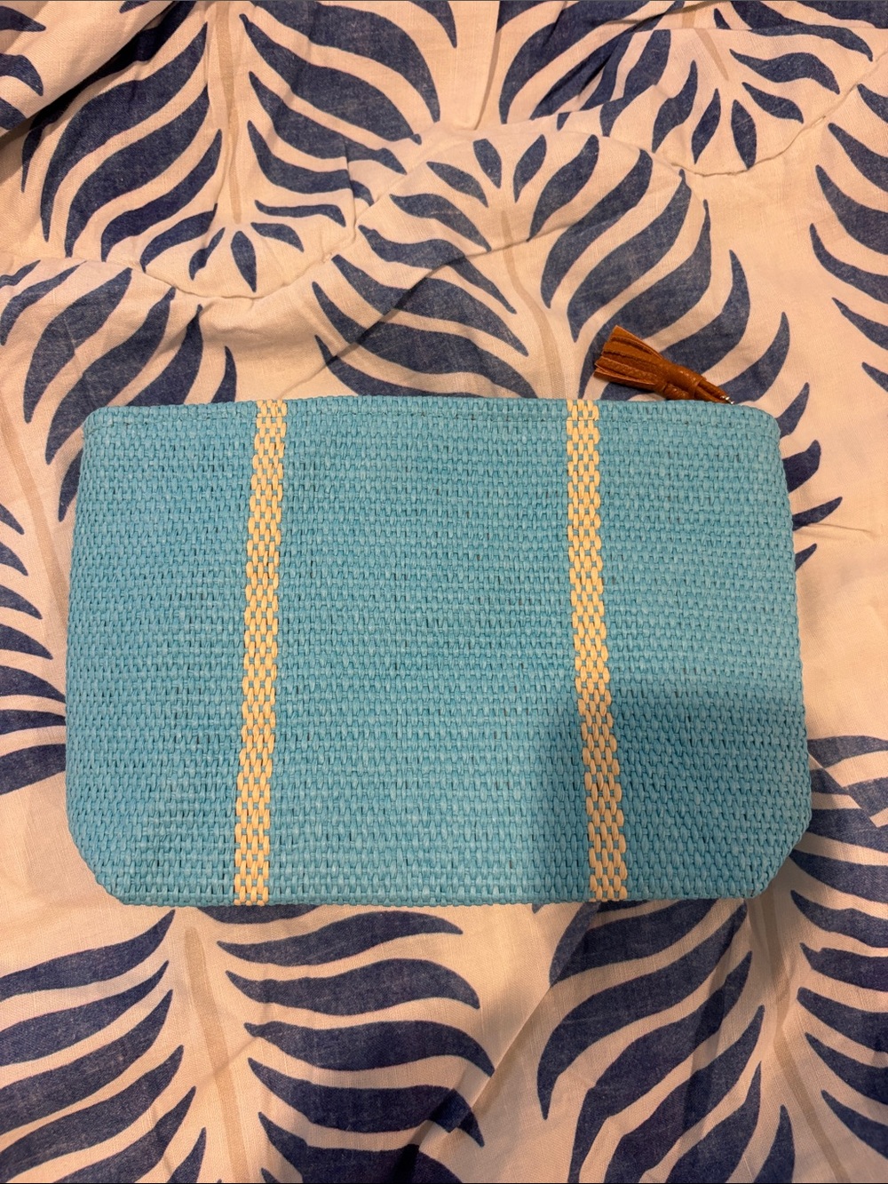 Turquoise  Woven Pouch /clutch with cream stripes and leather tassel
